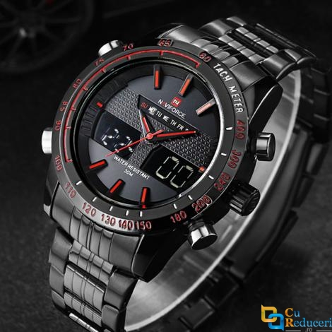 Ceas Naviforce clasic multifunctional, mecanism Quartz, rezistent la apa 5Bar, afisaj digital si analogic, alarma si cronometru + cutie cadou