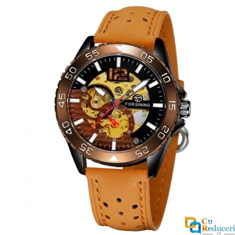 Ceas barbatesc Forsining, model sport, carcasa Skeleton maro, bratara din piele ecologica culoare maro, mecanism automatic, rezistent la apa 3ATM + cutie cadou