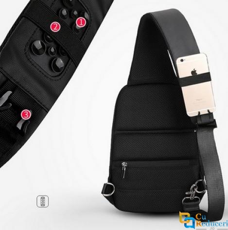 Rucsac/Ghiozdan Mark Ryden casual, cu o singura curea, port USB, full impermeabil, sistem antifurt, unisex, spatios, compatibil tableta 9.7, negru, potrivit pentru calatorie, scoala sau servici