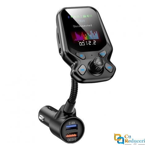 Modulator Fm, ecran mare color LCD 1.77, Bluetooth 4.2, suporta disc U si TF card max 32G, USB Mp3 Player, Aux, afiseaza tensiunea bateriei, microfon incorporat, incarcator rapid QC 3.0, hands-free