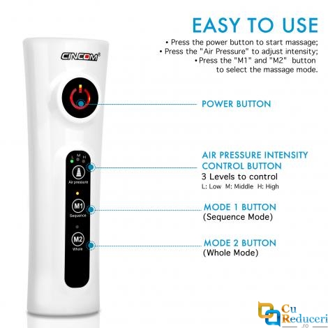 Aparat de masaj CINCOM, pentru picioare cu compresie de aer, cu 2 moduri de masaj si 3 intensitati reglabile, imbunatateste circulatia sangelui, amelioriaza oboseala 