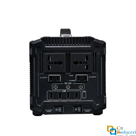 Generator portabil compatibil cu panou solar, putere 500W, capacitatea bateriei 3.2V 144Ah 460Wh, DC12V AC 220-204V, 3 moduri incarcare, iesire USB: 5V x 4, 11 mufe de iesire, negru  