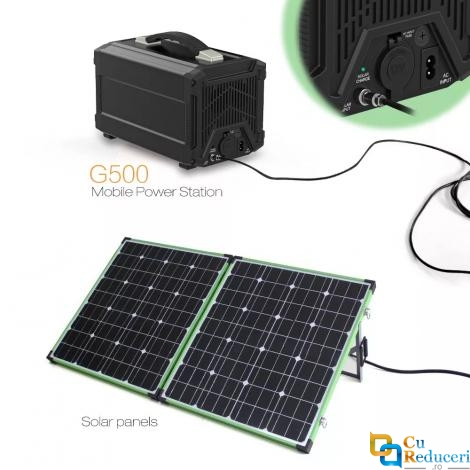 Generator portabil compatibil cu panou solar, putere 500W, capacitatea bateriei 3.2V 144Ah 460Wh, DC12V AC 220-204V, 3 moduri incarcare, iesire USB: 5V x 4, 11 mufe de iesire, negru  