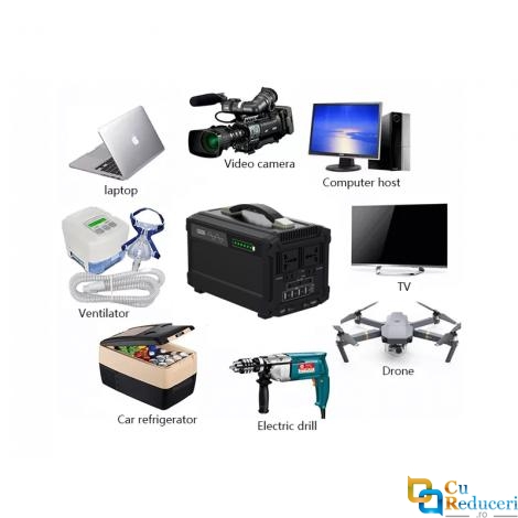 Generator portabil compatibil cu panou solar, putere 500W, capacitatea bateriei 3.2V 144Ah 460Wh, DC12V AC 220-204V, 3 moduri incarcare, iesire USB: 5V x 4, 11 mufe de iesire, negru  