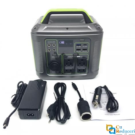 Generator portabil compatibil cu panou solar, putere 300W, capacitatea bateriei 3.7V 80000 mAh 296Wh, DC12V AC 220-230V, 4 moduri incarcare, iesire USB: 5V-2.1A x 3, 10 mufe de iesire, lanterna