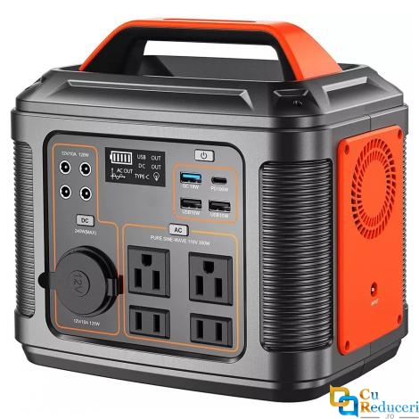 Generator portabil compatibil cu panou solar, putere 300W, capacitatea bateriei 3.7V 80000 mAh 296Wh, DC12V AC 220-230V, 4 moduri incarcare, iesire USB: 5V-2.1A x 3, 10 mufe de iesire, lanterna