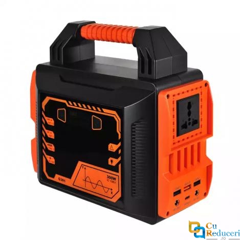 Generator portabil compatibil cu panou solar, putere 300W, capacitate 80AH 298Wh, DC12V AC 220-230V, 4 moduri incarcare, iesire USB: 2 porturi TYPE-C si 4 portri USB-A, lanterna