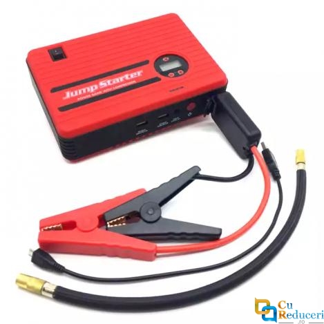 Acumulator extern pornire auto / Jump Starter 12 V cu compresor 2V/120W, curent de pornire 300 A, curent maxim 600 A, capacitate 14000 mAH, lanterna 