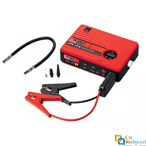 Acumulator extern pornire auto / Jump Starter 12 V cu compresor 2V/120W, curent de pornire 300 A, curent maxim 600 A, capacitate 14000 mAH, lanterna 