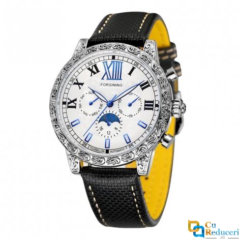 Ceas barbatesc Forsining cu Moon Phase (arata noapte/zi), curea din piele neagra, mecanism automatic-mecanic, elegant si rafinat intr-un design clasic