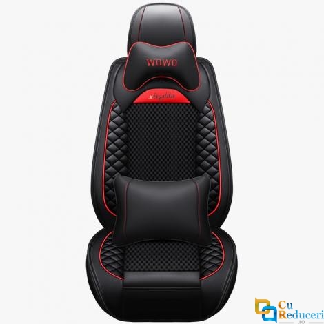Set huse scaune auto, universale, editie de lux, material piele ecologica, scaune fata, spate, tetiere, volan, perna lombara, culoare negru cu rosu, 14 piese