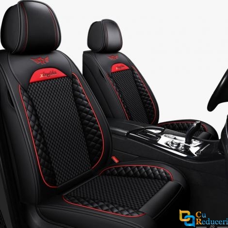 Set huse scaune auto, material piele ecologica, scaune fata, spate, tetiere, universale, culoare negru cu rosu, 12 piese