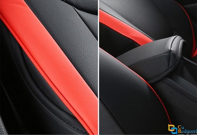 Set huse scaune auto, material piele ecologica, scaune fata, spate, tetiere, universale, culoare negru cu rosu, 14 piese