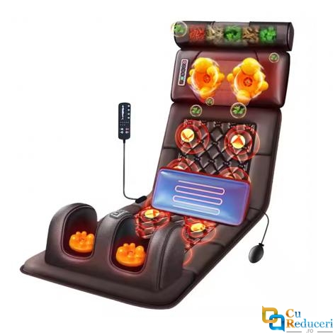 Saltea pentru masaj complet Shiatsu, perna de masaj detasabila, pentru persoanele care au dureri de spate, 7 moduri de masaj, 10 motoare de vibratii, 3 trepte de viteza, dispozitiv de control, presiunea pernelor optimizata, piele ecologica, maro inchis