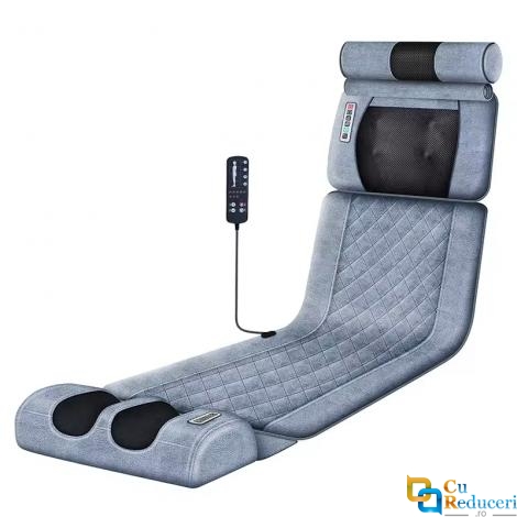 Saltea pentru masaj complet Shiatsu, perna de masaj detasabila, pentru persoanele care au dureri de spate, 7 moduri de masaj, 10 motoare de vibratii, 3 trepte de viteza, dispozitiv de control, presiunea pernelor optimizata, piele ecologica, gri