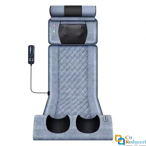 Saltea pentru masaj complet Shiatsu, perna de masaj detasabila, pentru persoanele care au dureri de spate, 7 moduri de masaj, 10 motoare de vibratii, 3 trepte de viteza, dispozitiv de control, presiunea pernelor optimizata, piele ecologica, gri