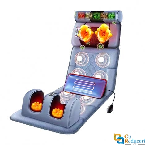 Saltea pentru masaj complet Shiatsu, perna de masaj detasabila, pentru persoanele care au dureri de spate, 7 moduri de masaj, 10 motoare de vibratii, 3 trepte de viteza, dispozitiv de control, presiunea pernelor optimizata, piele ecologica, gri