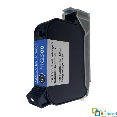 Cartus inkjet pentru imprimanta de mana portabila tip pistol, cu uscare rapida, negru lucios, potrivit pentru suprafete multiple, pentru coduri de bara, logo, date expirare, dimensiune imprimare 1-12.7mm
