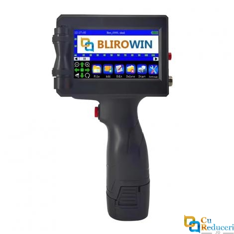 Imprimanta de mana portabila tip pistol BLIROWIN® cu touchscreen, imprimare logo, coduri de bare, date de expirare, coduri QR, compatibila pe suprafete multiple, cerneala cu uscare rapida, cartus negru lucios, dimensiune imprimare 2-25.4 mm