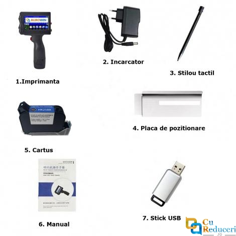 Imprimanta de mana portabila tip pistol BLIROWIN® cu touchscreen, imprimare logo, coduri de bare, date de expirare, coduri QR, compatibila pe suprafete multiple, cerneala cu uscare rapida, cartus negru lucios, dimensiune imprimare 2-25.4 mm