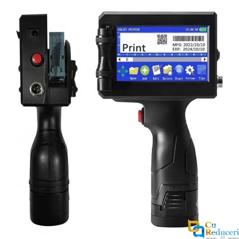 Imprimanta de mana portabila tip pistol BLIROWIN® cu touchscreen, imprimare logo, coduri de bare, date de expirare, coduri QR, compatibila pe suprafete multiple, cerneala cu uscare rapida, cartus negru lucios, dimensiune imprimare 2-25.4 mm