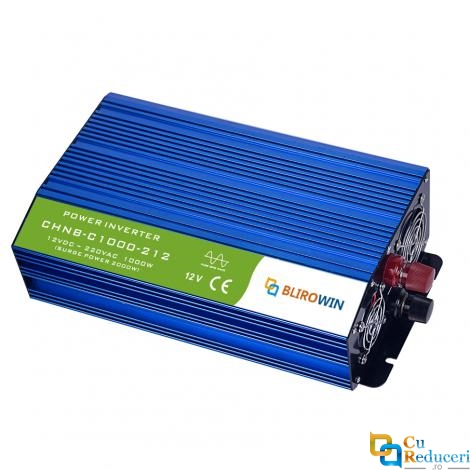 Invertor Auto 12V 220V, BLIROWIN<sup>®</sup>, putere convertor 1000W cu unda sinusoidala pura, putere de supratensiune 2000 W, eficienta 85%, 2 iesire 220 V, 1 iesire USB