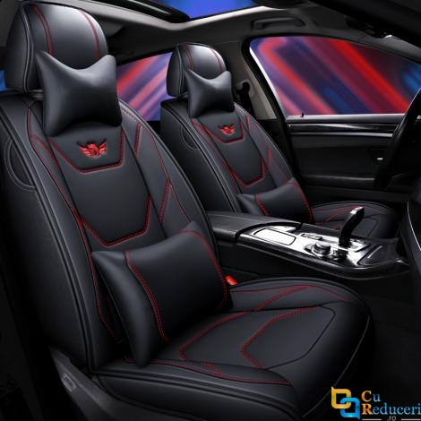Set huse scaune auto, universale, editie de lux, material piele ecologica, scaune fata, spate, tetiere, volan, perna lombara, perna pentru cap, culoare negru cu linii rosii, 16 piese