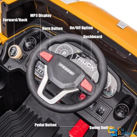 Masina electrica pentru copii, 4x4, 2 locuri, 4 motoare 380, Suspensii hidraulice, Baterie 12V 7Ah, Telecomanda multifunctionala, LED, Bluetooth si functii multimedia, Bena basculabila, 132 x 47 x 67 cm, Galben