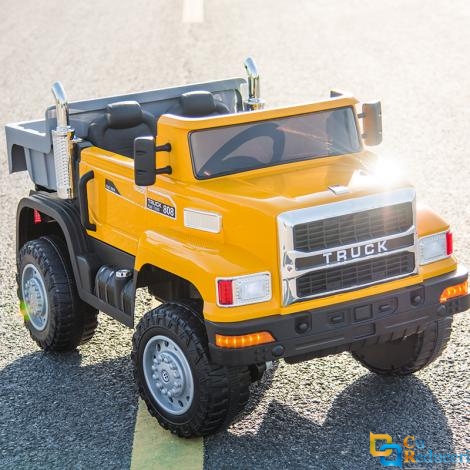 Masina electrica pentru copii, 4x4, 2 locuri, 4 motoare 380, Suspensii hidraulice, Baterie 12V 7Ah, Telecomanda multifunctionala, LED, Bluetooth si functii multimedia, Bena basculabila, 132 x 47 x 67 cm, Galben