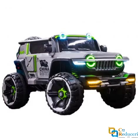 Masina electrica pentru copii, 4x4, 12V 10Ah, 2 locuri, off-road, telecomanda parinti, LED, Bluetooth, USB, Roti cauciuc EVA, scaun piele ecologica, editie premium, 140x78x86 cm, gri
