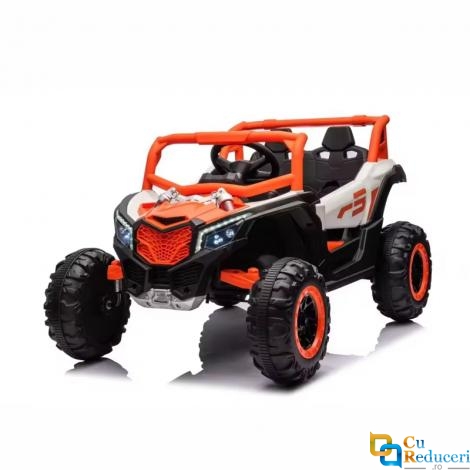 Masinuta electrica pentru copii, 4x4, 12V 7A, 2 locuri, roti EVA off-road, telecomanda parinti, LED, Bluetooth, USB, suspensii, dotari premium,  scaune piele ecologica, culoare portocaliu metalizat, 70 x 111 x 63