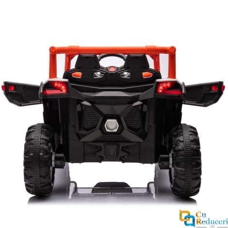 Masinuta electrica pentru copii, 4x4, 12V 7A, 2 locuri, roti EVA off-road, telecomanda parinti, LED, Bluetooth, USB, suspensii, dotari premium,  scaune piele ecologica, culoare portocaliu metalizat, 70 x 111 x 63